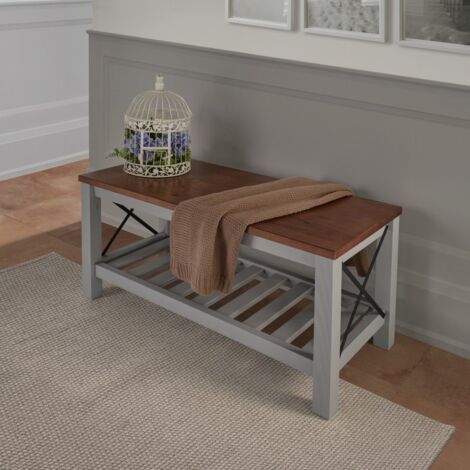 Mercers Furniture Cottage Grey Painted Pine Bench – Wooden with Slatted Storage Shelf – 59H x 107W x 42D cm