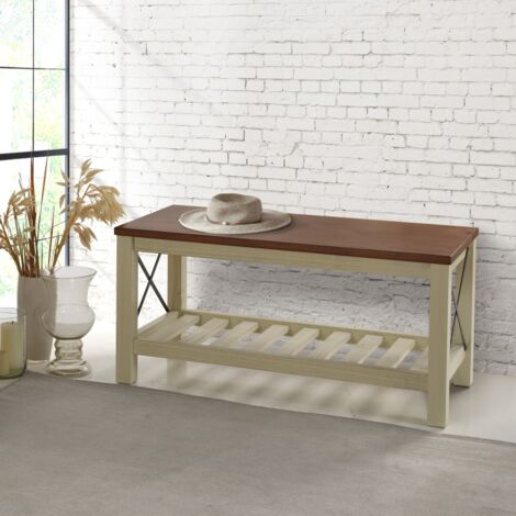Mercers Furniture Cottage White/Cream Painted Pine Bench – Wooden with Slatted Storage Shelf – 59H x 107W x 42D cm