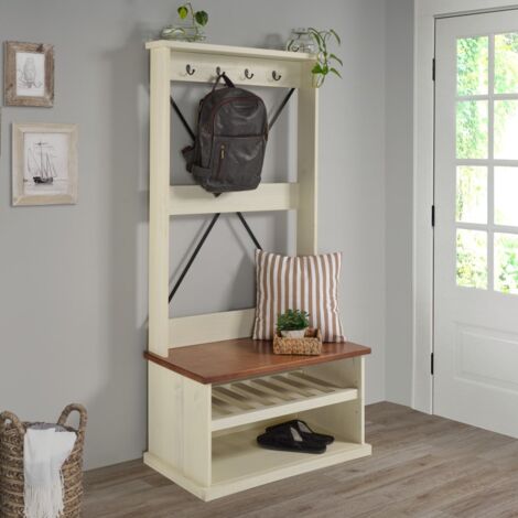 Mercers Furniture Cottage White/Cream Painted Pine Hall Tree Coat Rack – Wooden with Storage Shelf – 171H x 80W x 44D cm