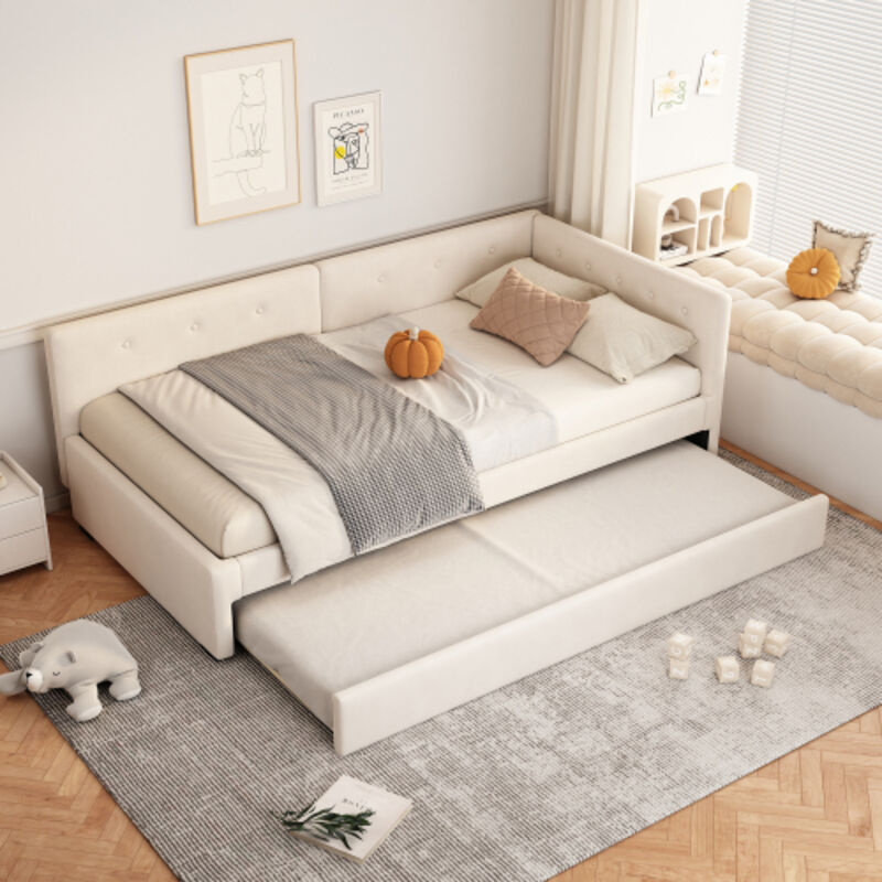Okwish - Canapé-lit 90x200cm lit simple avec lit gigogne et sommiers à lattes, en velours et mdf, beige