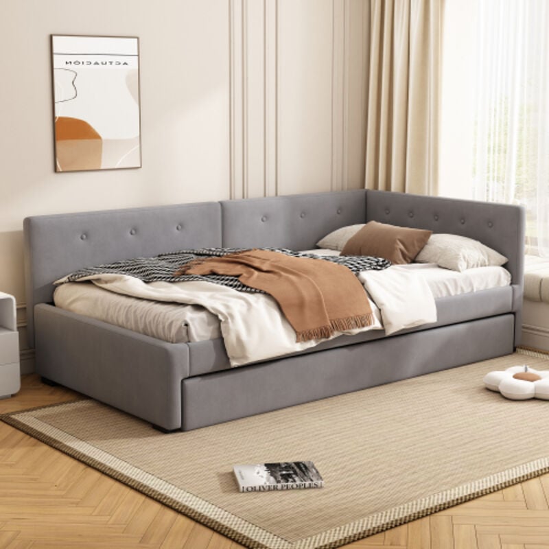 Okwish - Canapé-lit 90x200cm lit simple avec lit gigogne et sommiers à lattes, en velours et mdf, gris