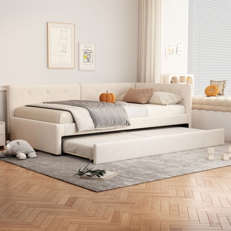 Redom - Méridienne 90x200cm, méridienne avec lit gigogne, canapé-lit, lit simple (sans matelas), style minimaliste, beige
