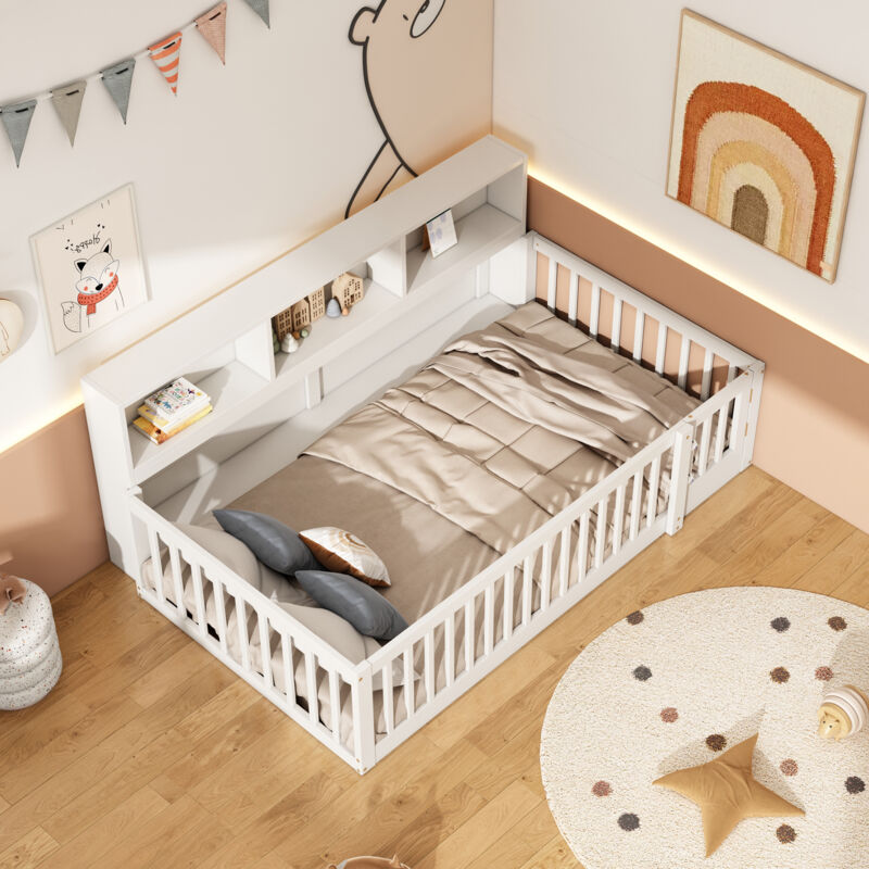 Okwish - Lit simple 90x200 cm lit enfant avec rangement, balustrade et sommier à lattes, en bois de pin, blanc, sans matelas