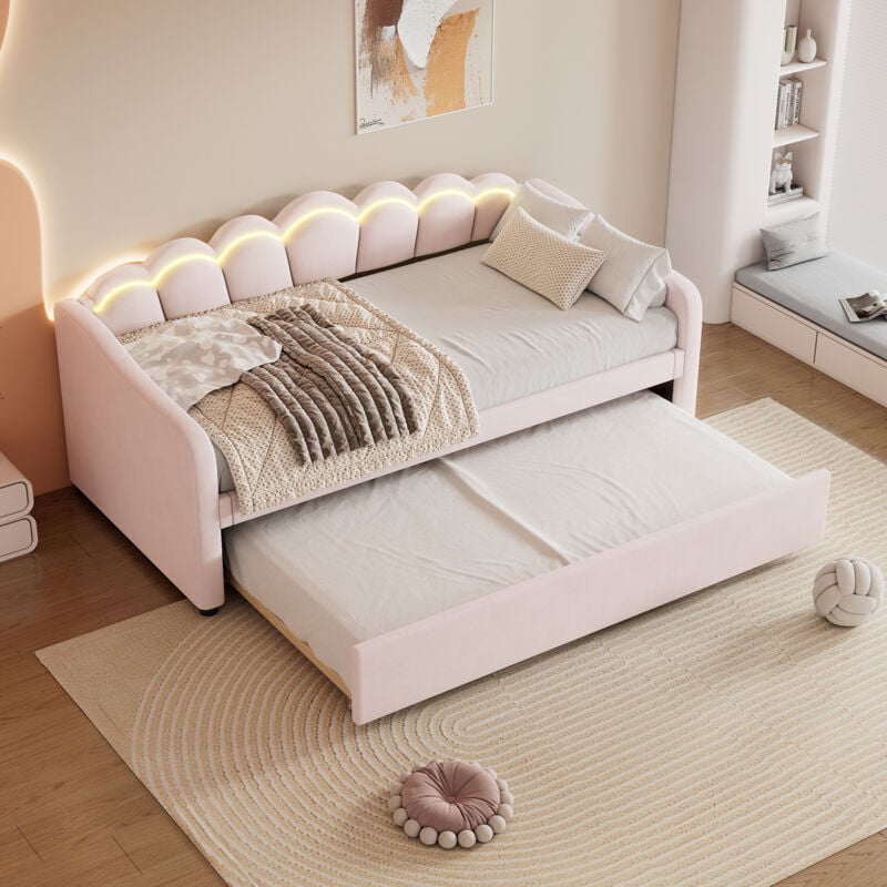Okwish - Canapé-lit 90x200 cm lit simple avec lit gigogne, éclairage led réglable en couleur, en flanelle et mdf, rose