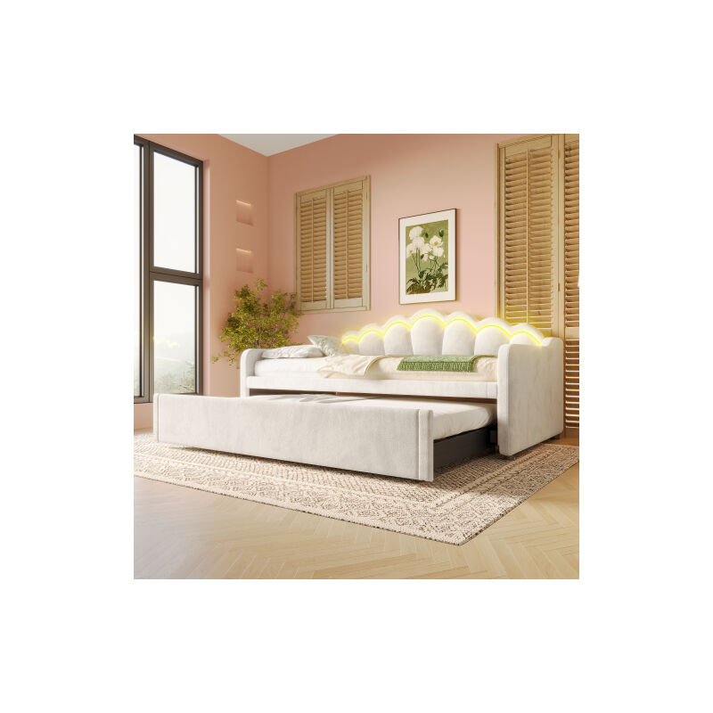Lit simple gigogne 90/180x200 cm, canapé convertible, lit double rembourré avec éclairage LED, en velours beige, sans matelas