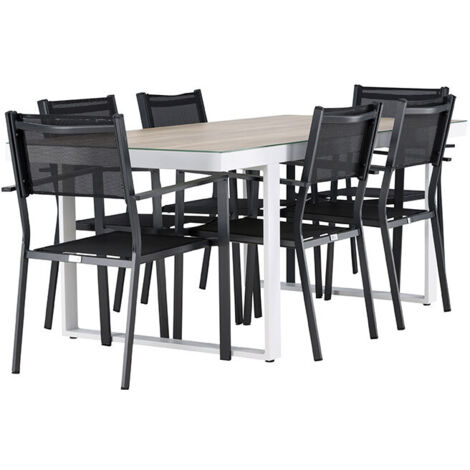 Merlo set de jardin table 90x200cm blanc, 6 chaises noires.
