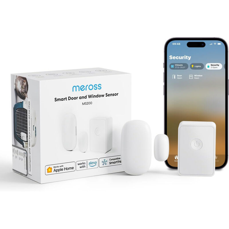 Détecteur connecté pour portes et fenêtres (avec hub), mini capteur de porte et fenêtre wifi, compatible avec apple home, - Meross