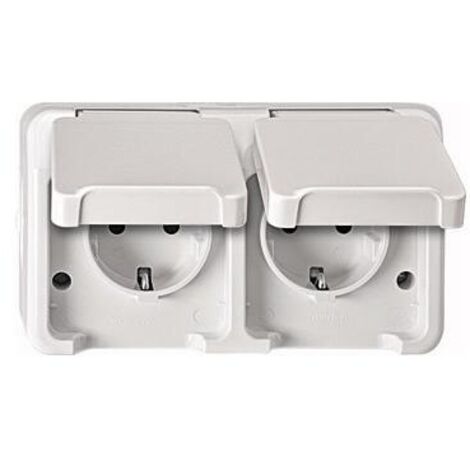 Merten 2 vie Interruttore per ambienti umidi Completo Presa schuko con coperchio a cerniera AQUASTAR Grigio luminescent