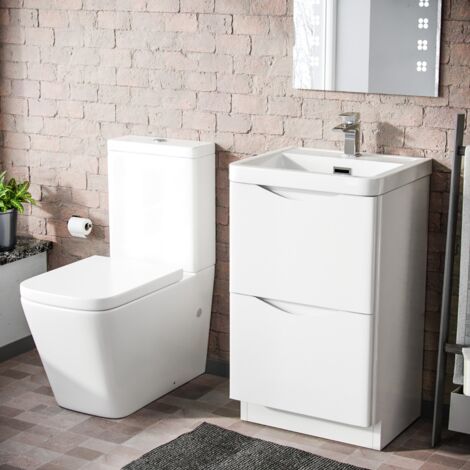 Merton 500mm Freestanding Vanity Basin Unit & Square Rimless Close Coupled Toilet White