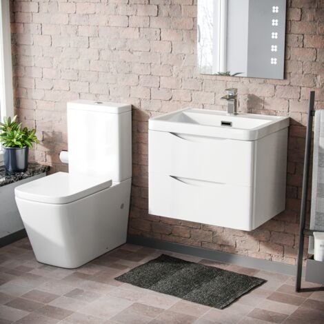 Merton 600mm Wall Hung Vanity Basin Unit & Square Rimless Close Coupled Toilet White Gloss