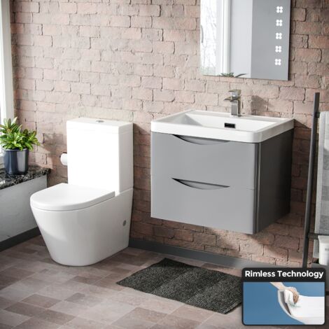 Merton Modern Grey Basin Wall Hung Vanity Cabinet and Rimless Close Coupled Toilet