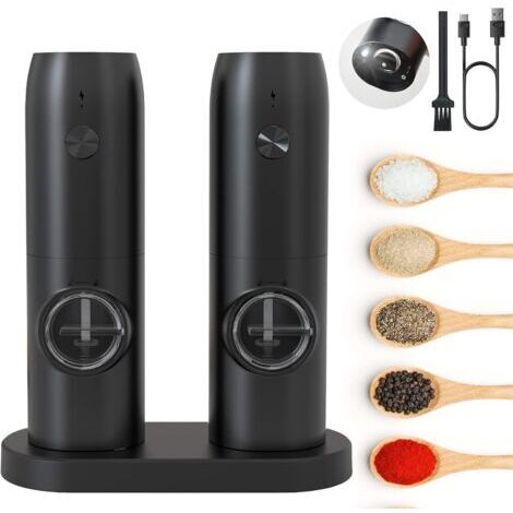 MERTTURM Moulin à Poivre Électrique Rechargeable, Moulins Sel Poivre Automatique avec Lumière LED Blanche, Grossièreté Réglable, Opération à Une Main, Idéal pour Cuisine, Restaurant, BBQ, 2PCS