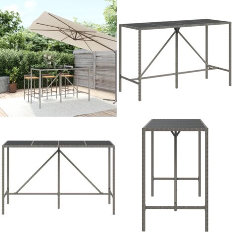 Mesa alta bar con superficie vidrio ratán PE gris 180x70x110 cm - Mesa de jardín - Mesa de patio