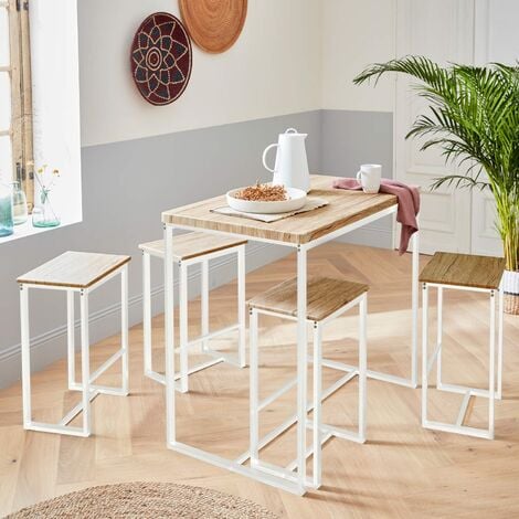 Mesa alta con 4 taburetes de bar de acero, Loft, Blanco, 100x60x90 cm