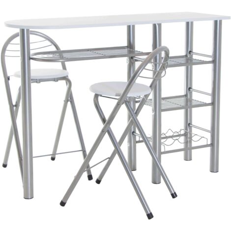 Mesa Alta de Cocina Office Estilo Contemporáneo en Blanco y Plata con 2 Taburetes Plegables 40x88x120 cm