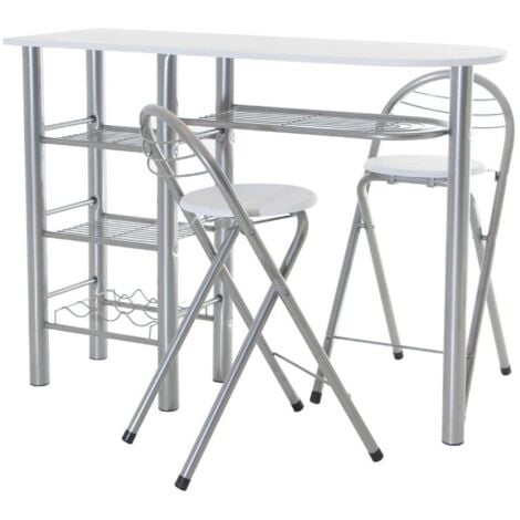 Mesa Alta de Cocina Office Estilo Contemporáneo en Blanco y Plata con 2 Taburetes Plegables 40x88x120 cm