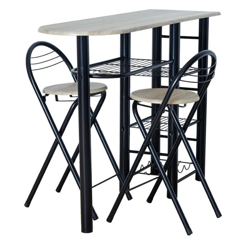 Table haute de cuisine de bureau de style industriel en bois noir et clair avec 2 tabourets pliants 40x88x120 cm