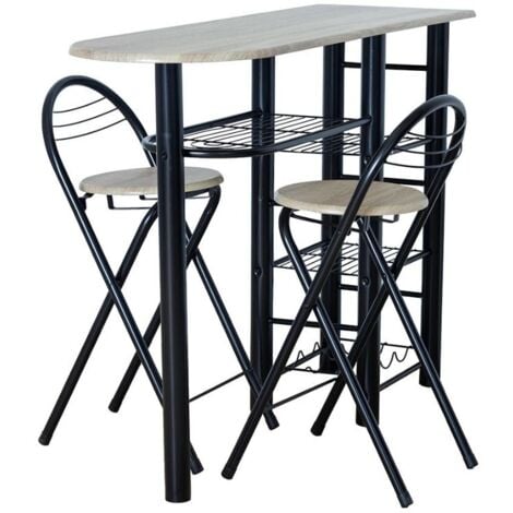 Mesa Alta de Cocina Office Estilo Industrial en Negro y Madera Clara con 2 Taburetes Plegables 40x88x120 cm