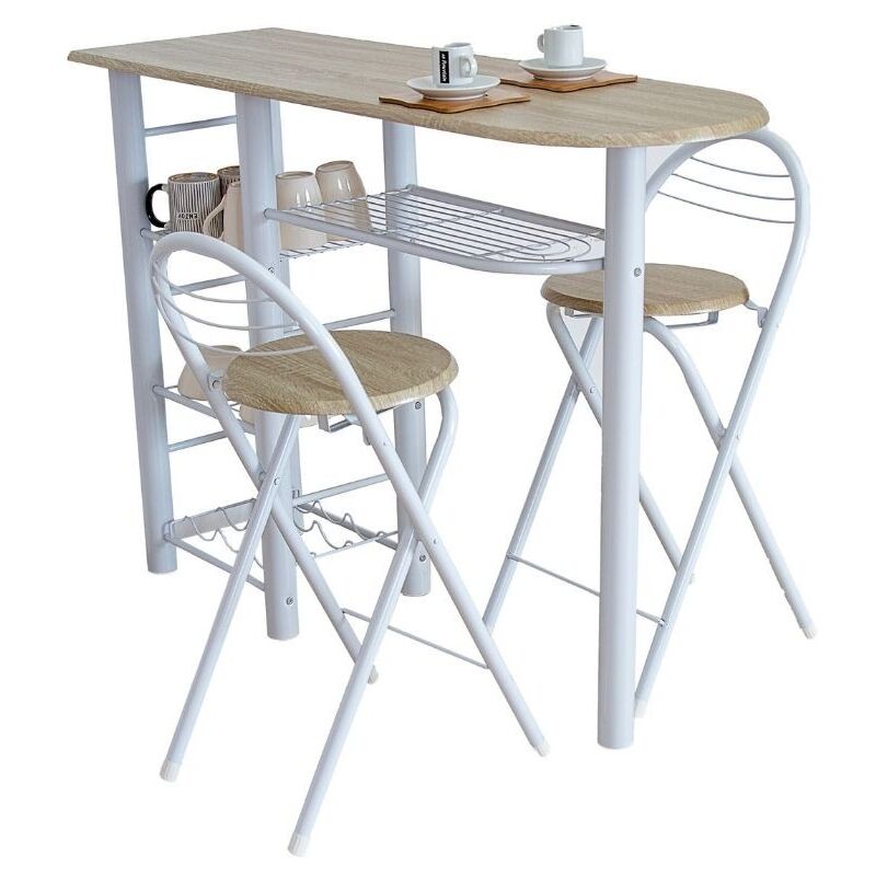 Table haute de cuisine de bureau de style nordique en bois blanc et clair avec 2 tabourets pliants 40x88x120 cm