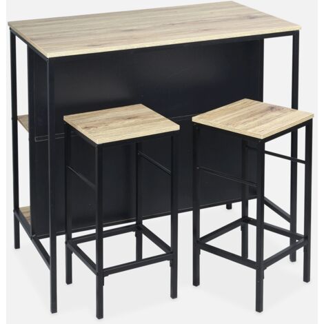 Mesa alta de madera y metal, 2 estantes, 2 taburetes