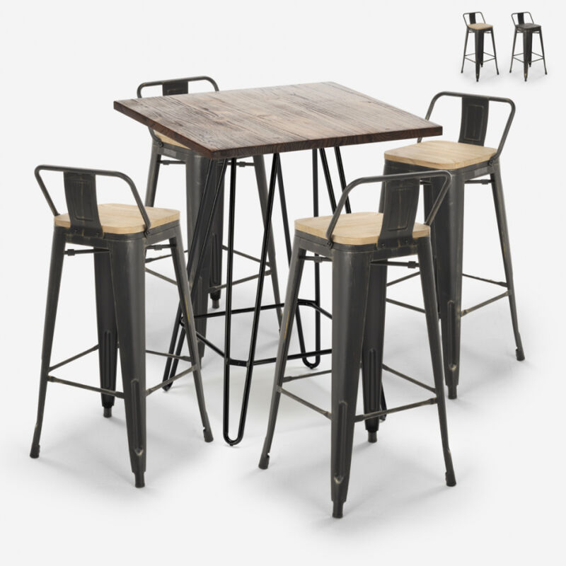 

Ahd Amazing Home Design - Mesa alta industrial 60x60cm set 4 taburetes tolix vintage Rhodes Noix | Color: Natural