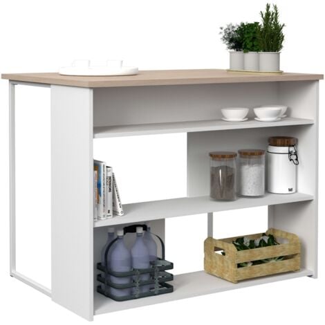 LES TENDANCES Mesa Alta Isla Cocina Buh Mueble Auxiliar Color Blanco y Roble Jackson fácil de combinar 116x90x80 cm