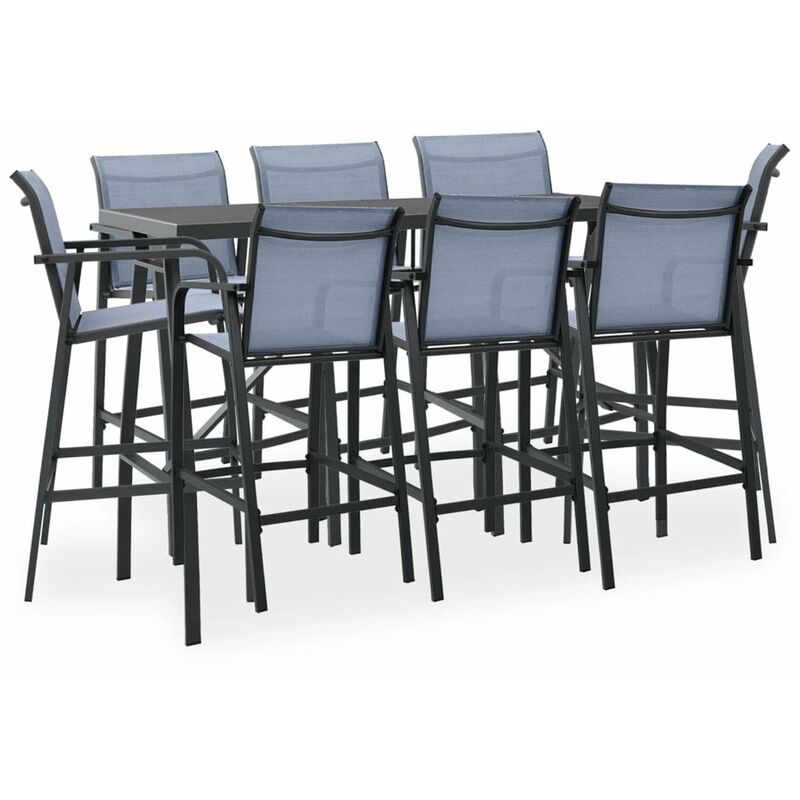 

Mesa alta y taburetes de bar de jardin 9 piezas negro y gris