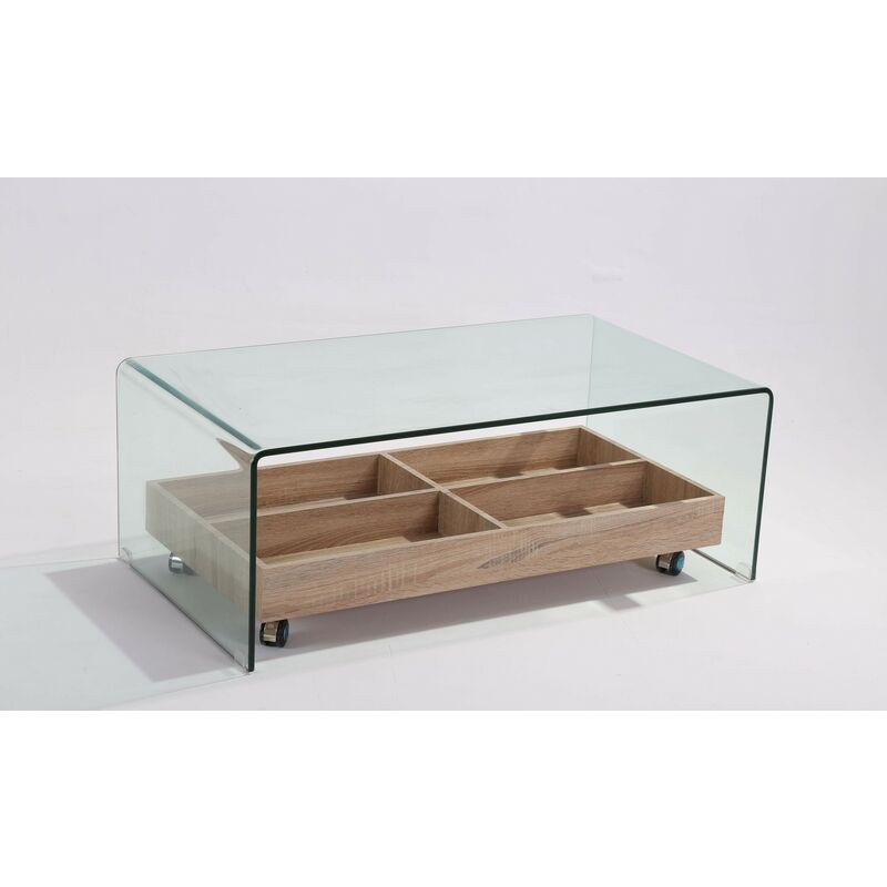 

Mesa ARIANA, baja, cristal templado, madera, 110x55 cms