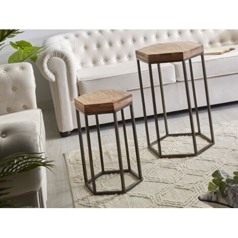 Mesa Aux. Hexagonal Acacia/Metal 45Dx65 Cms. S/2 45Dx65/35Dx50 Cms