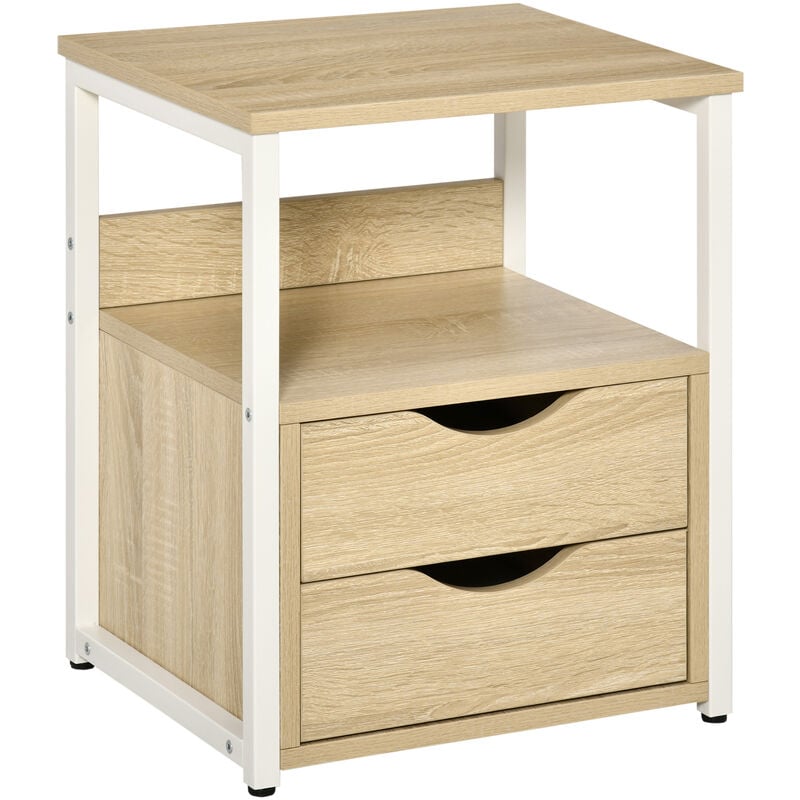 

Mesa Auxiliar con 2 Cajones y Estantes de Almacenamiento Mesita de Noche con Marco de Metal para Salón Dormitorio 40x35x49 cm - Madera Natural