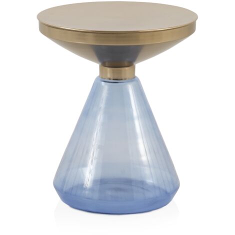 Mesa Auxiliar Con Base De Cristal Azul Y Sobre De Metal Dorado