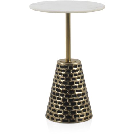 Mesa Auxiliar Con Base De Metal Oro Antique Y Sobre De Marmol Blanco