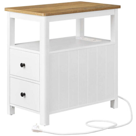 Mesa auxiliar con regleta mesita de noche con 2 cajones mesa de centro pequeña 60 x 35 x 60 cm con estante de almacenamiento para espacios pequeños blanco 120007553