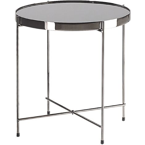 Mesa auxiliar con tapa de vidrio templado negro y patas de metal plateado redonda estilo glamour Lucea