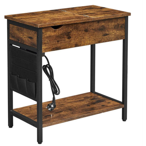 Mesa auxiliar con toma de corriente mesa auxiliar mesa pequeña con tablero plegable mesita de noche con funda de tela para salón 60 x 31,5 x 60 cm dormitorio marrón 120007530