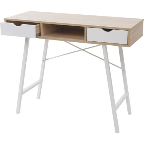 Mesa auxiliar consola de escritorio con cajones 100x40 cm blanco marrón natural diseño escandinavo 040005053