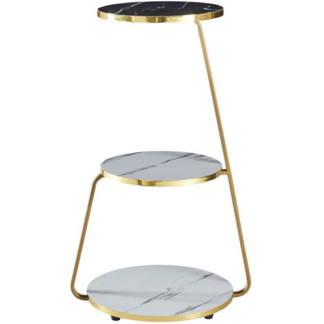Mesa auxiliar de 3 niveles 74 x 46 x 37 cm mármol blanco / mármol negro / dorado 030008648