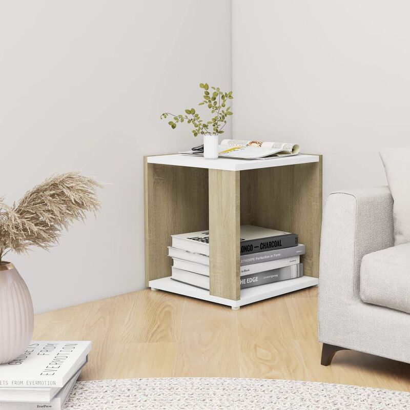 

Mesa auxiliar de aglomerado blanco y roble Sonoma 33x33x34,5 cm