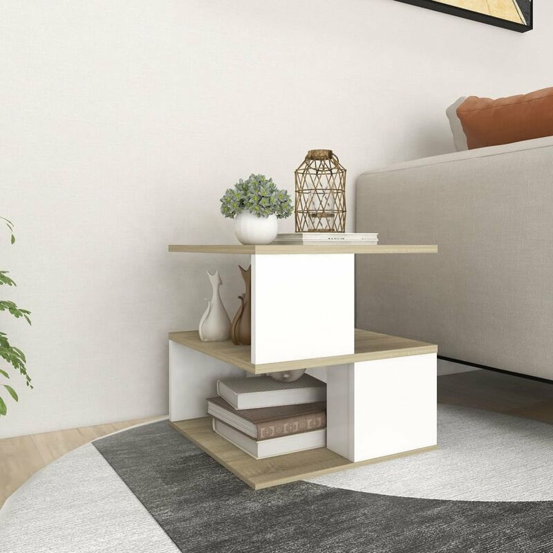 

Mesa auxiliar de aglomerado blanco y roble Sonoma 40x40x40 cm