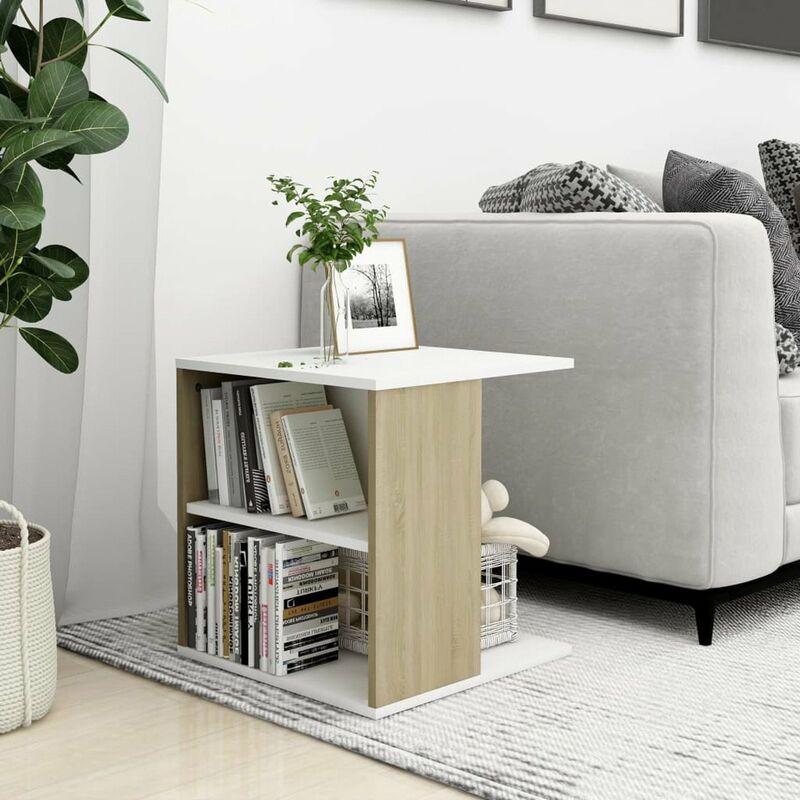 

Mesa auxiliar de aglomerado blanco y roble Sonoma 45x45x48 cm