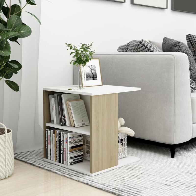 

Mesa auxiliar de aglomerado blanco y roble Sonoma 45x45x48 cm