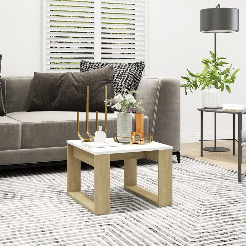

Mesa auxiliar de aglomerado blanco y roble Sonoma 50x50x35 cm
