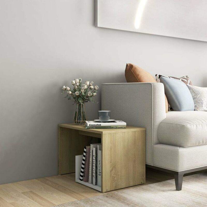 

Mesa auxiliar de aglomerado blanco y roble Sonoma 59x36x38 cm