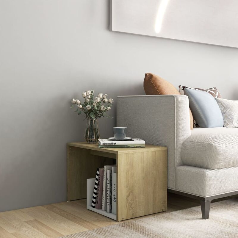 

Mesa auxiliar de aglomerado blanco y roble Sonoma 59x36x38 cm