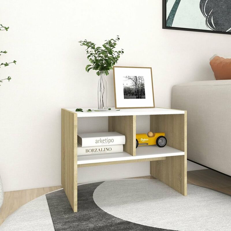 

Mesa auxiliar de aglomerado blanco y roble Sonoma 60x40x45 cm