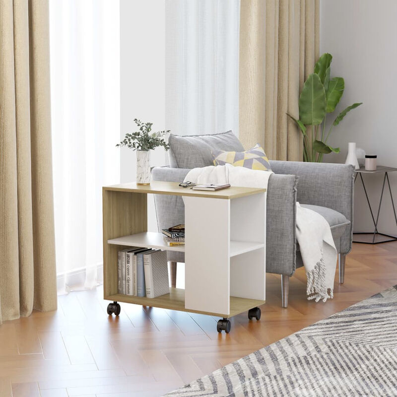 

Mesa auxiliar de aglomerado blanco y roble Sonoma 70x35x55 cm