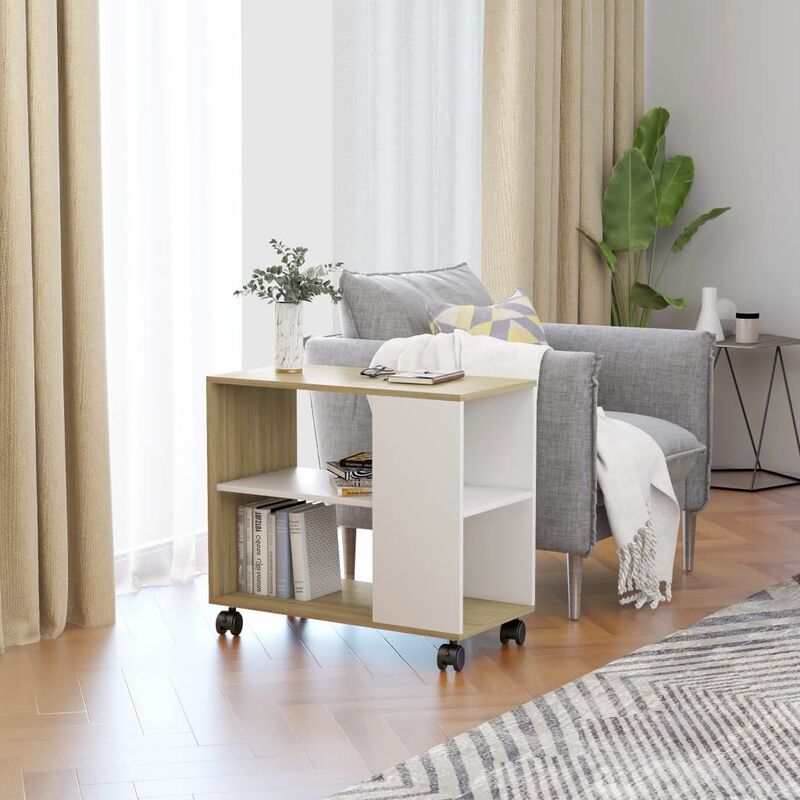 

Mesa auxiliar de aglomerado blanco y roble Sonoma 70x35x55 cm