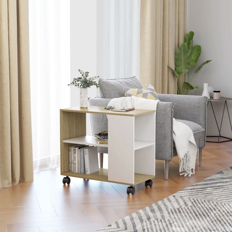

Mesa auxiliar de aglomerado blanco y roble Sonoma 70x35x55 cm - Beige