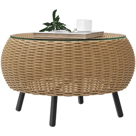 Mesa auxiliar/de centro redonda de ratán sintético, con tablero de cristal, 75 cm de diámetro, 42 cm de largo, color marrón.