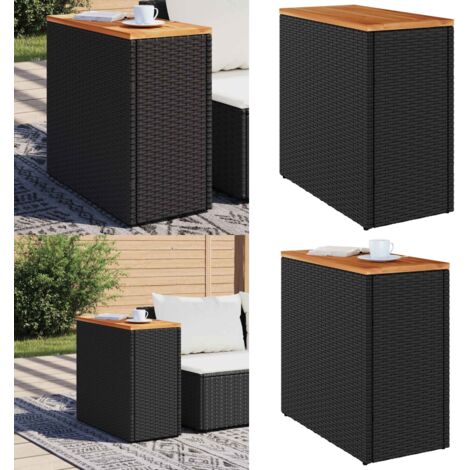 Mesa auxiliar de jardín con tablero de madera, color negro, 58 x 27,5 x 55 cm, ratán sintético - Mesa auxiliar - Ratán sintético